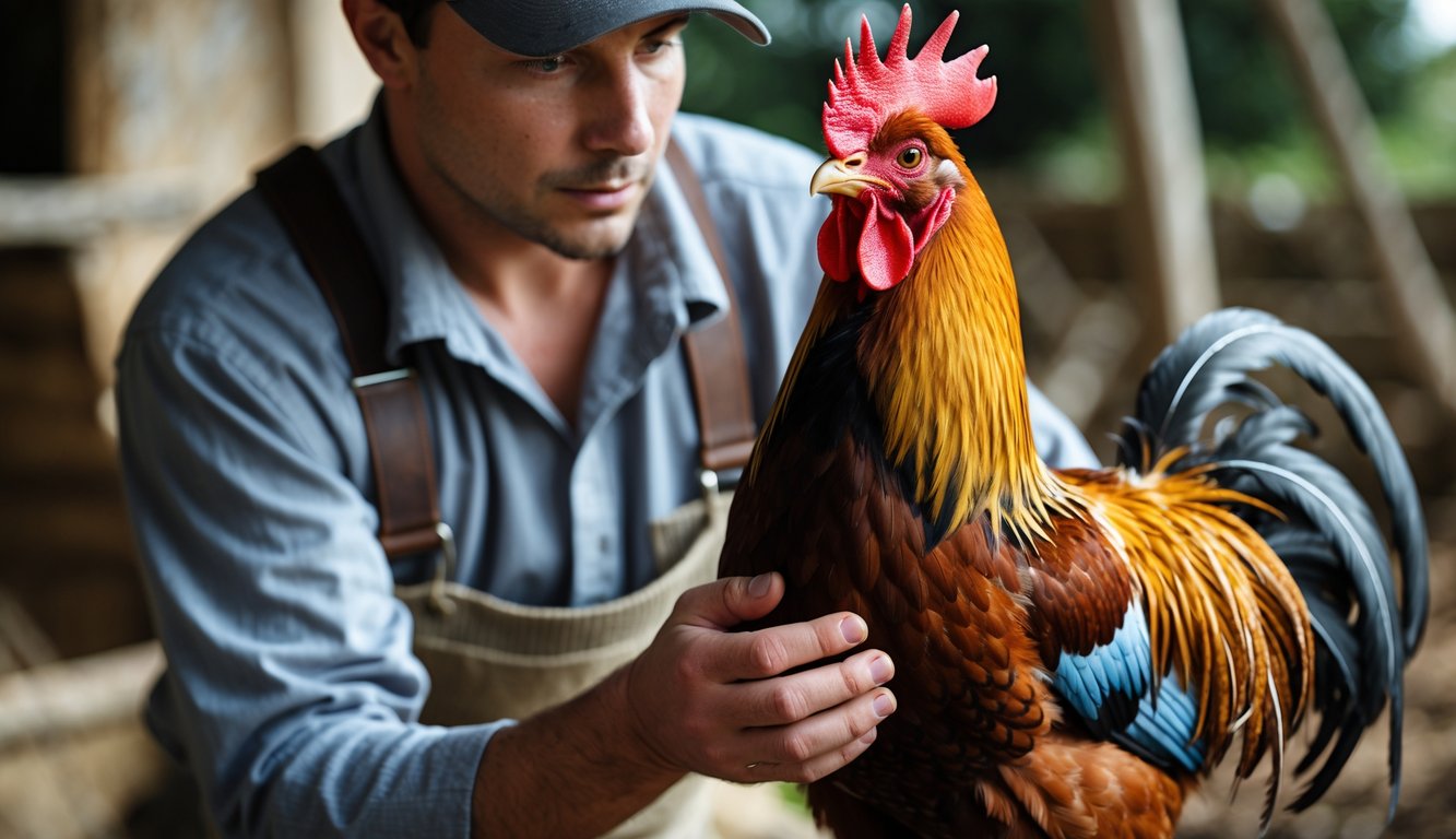 Seorang pria sedang memilih ayam petarung yang kuat dan sehat di luar ruangan.