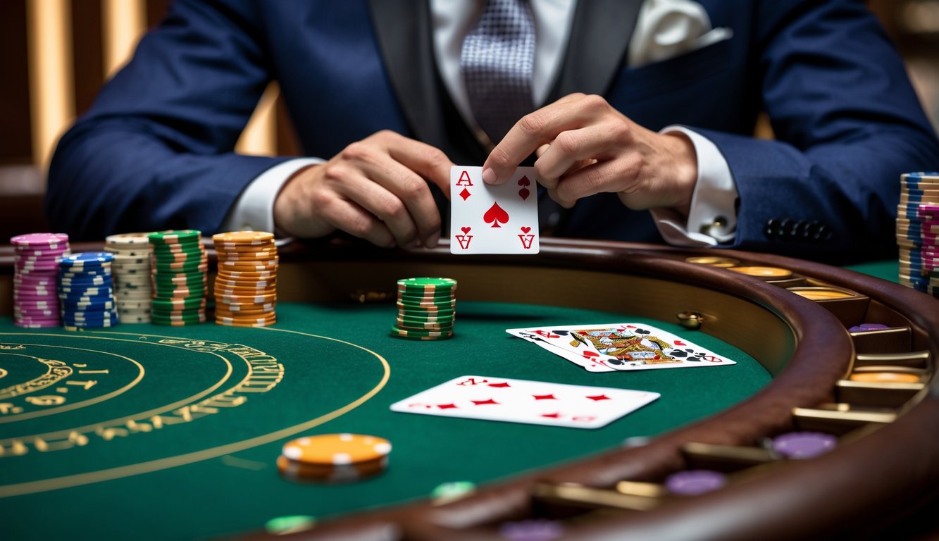 Seorang pemain profesional sedang bermain baccarat di meja kasino dengan kartu dan chip poker.