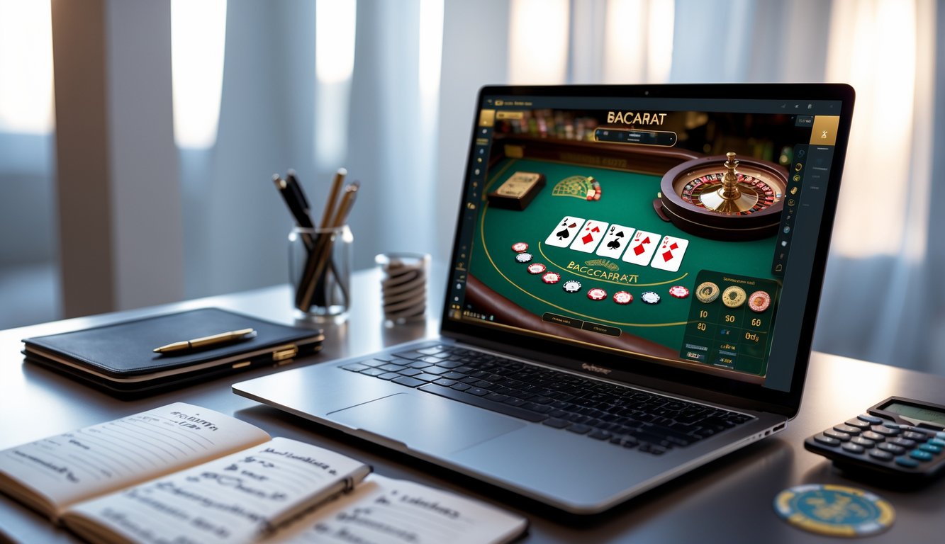 Seorang pemain baccarat online menggunakan laptop dengan catatan strategi dan kalkulator di meja.