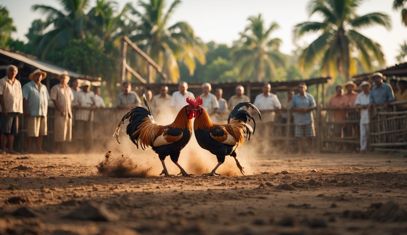 Dua ayam jago sedang bertarung di arena tanah dengan penonton di sekitarnya di lingkungan pedesaan.