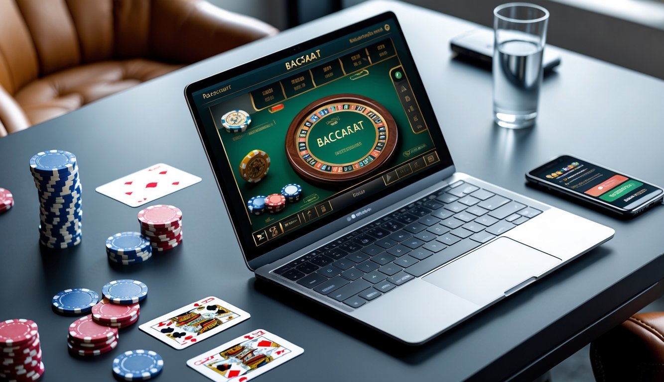 Seorang pemain berpengalaman menggunakan komputer untuk bermain baccarat online dengan kartu dan chip taruhan di meja.