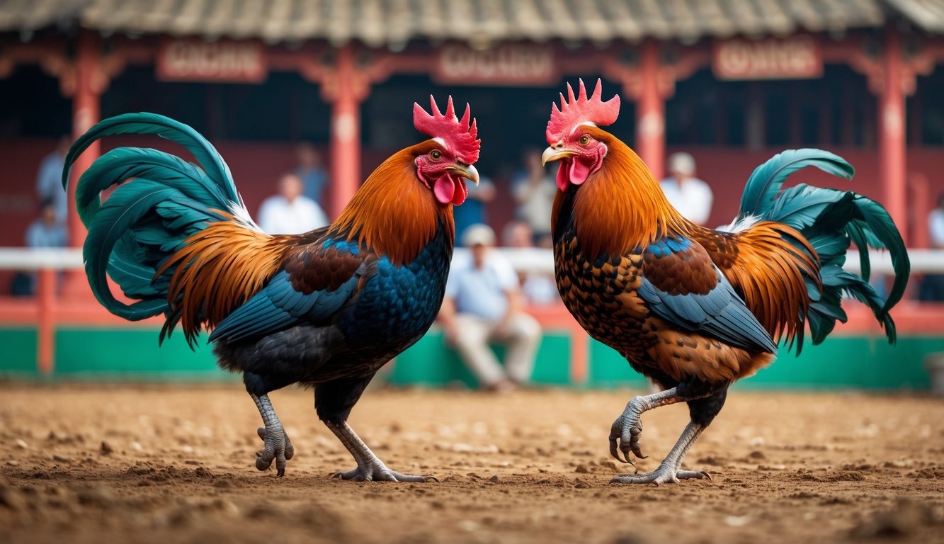 Dua ayam jago sedang bertarung di arena sabung ayam dengan beberapa penonton di latar belakang.