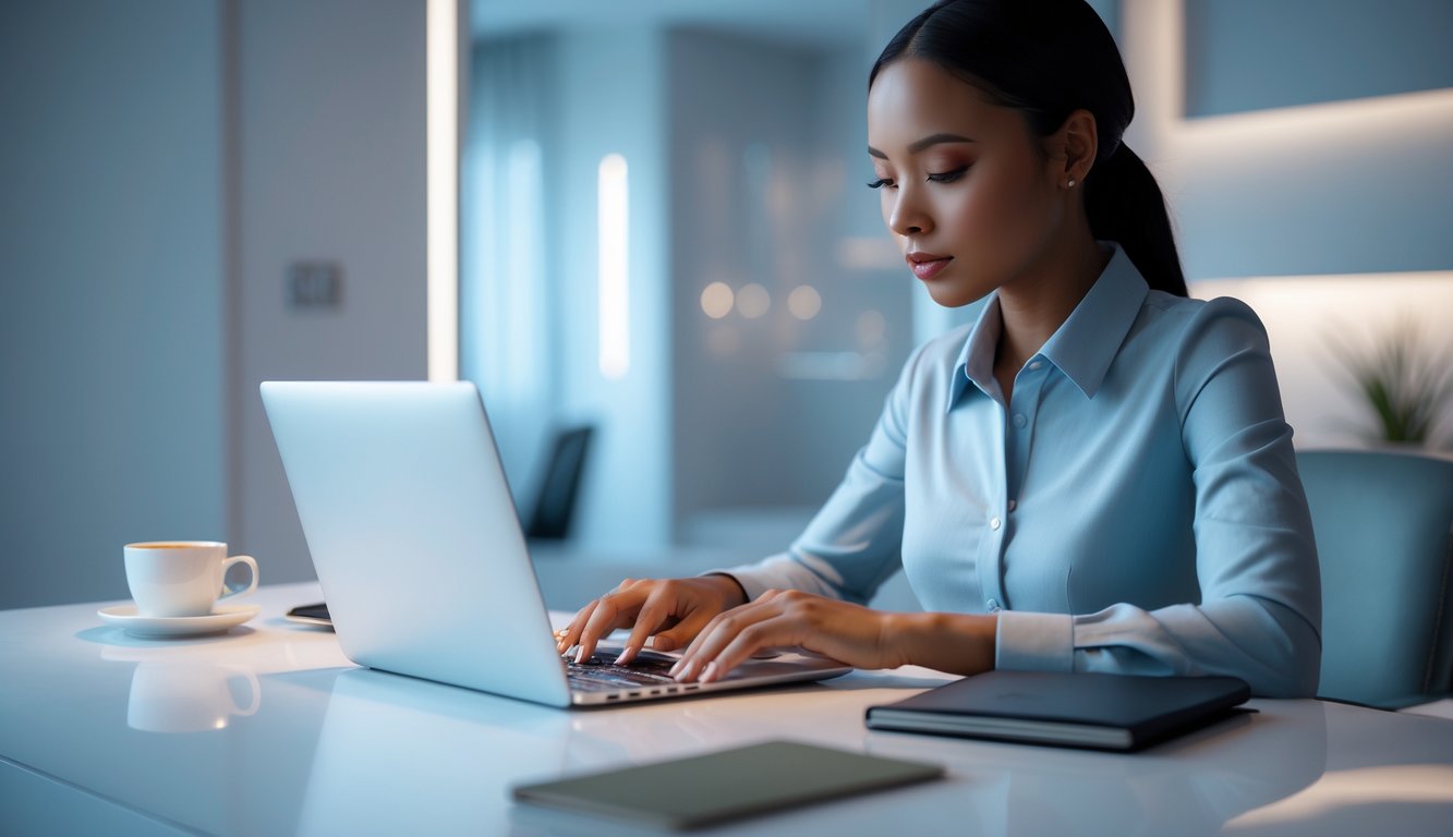 Seseorang yang tenang dan fokus bermain baccarat online menggunakan laptop di ruangan modern yang terang.