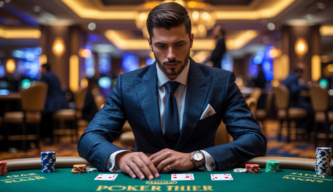 Seorang pemain poker profesional duduk fokus di meja poker dengan kartu dan tumpukan chip di kasino yang mewah.