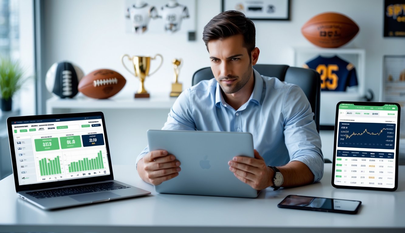 Seorang pria duduk di meja dengan beberapa perangkat digital yang menampilkan statistik taruhan olahraga, terlihat fokus menganalisis data dalam ruangan kantor yang terang.