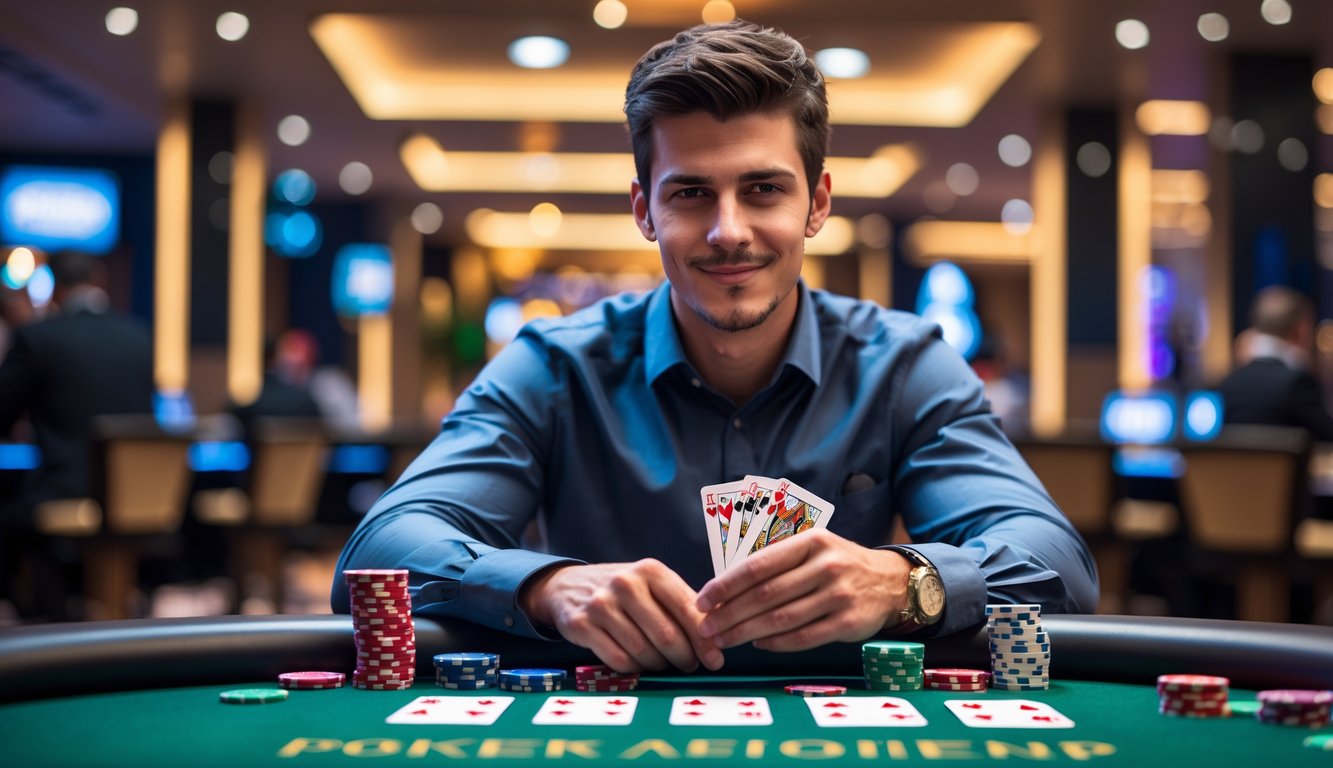 Seorang pria muda duduk di meja poker dengan kartu dan chip poker di depan, terlihat fokus dan percaya diri.