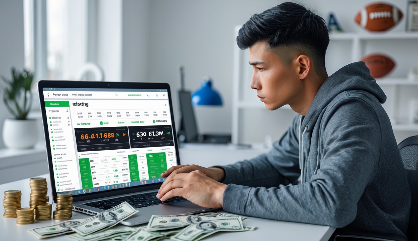 Seseorang duduk di meja dengan laptop dan uang sedikit, fokus menganalisis data taruhan olahraga.