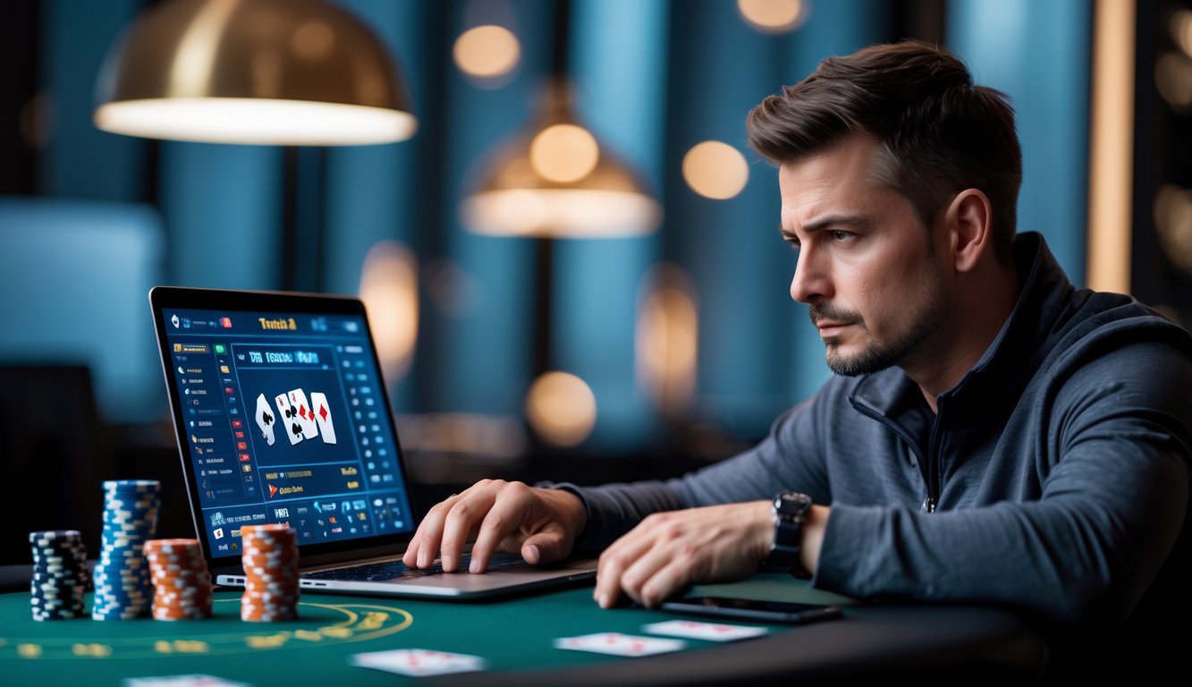 Seorang pria dewasa fokus bermain poker online di depan laptop dengan chip dan kartu poker di meja.