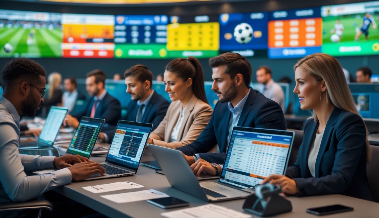 Beberapa orang menggunakan perangkat digital untuk memasang taruhan olahraga di ruangan modern dengan layar besar menampilkan berbagai pertandingan olahraga.