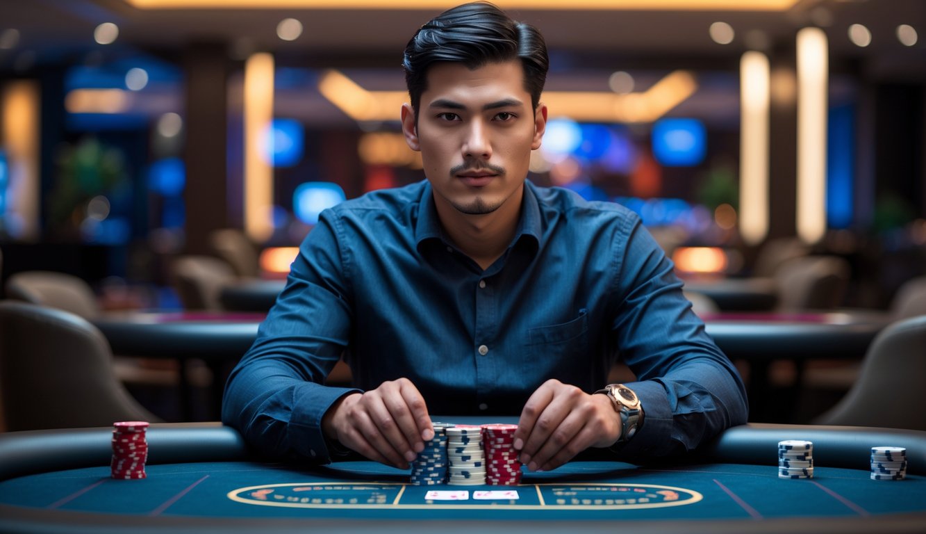 Seorang pria muda duduk di meja poker modern dengan kartu dan chip poker di depan, di dalam ruangan kasino yang mewah.
