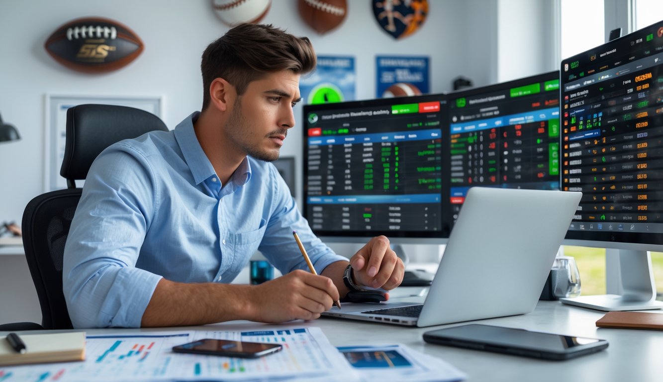 Seorang pria muda duduk di meja dengan laptop dan beberapa layar yang menampilkan acara olahraga dan peluang taruhan, terlihat fokus menganalisis data taruhan olahraga.
