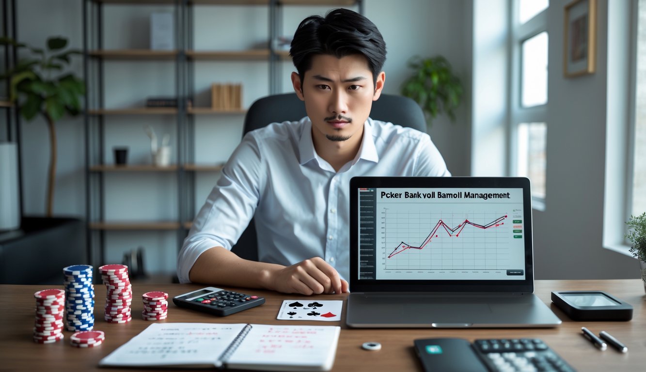 Seorang pria muda duduk di meja dengan laptop, chip poker, kartu remi, dan alat tulis, fokus mengelola keuangan untuk poker online.