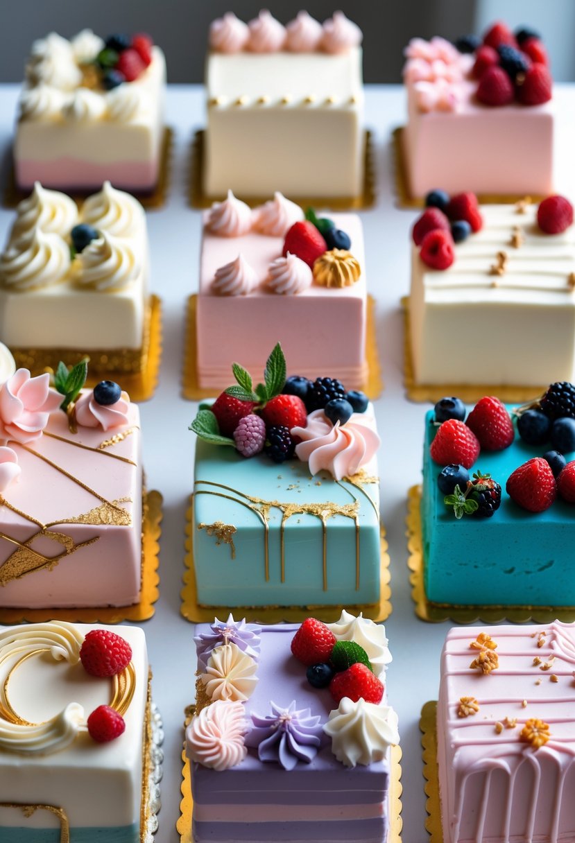 Sixteen square cakes with different decorative designs arranged on a white surface.