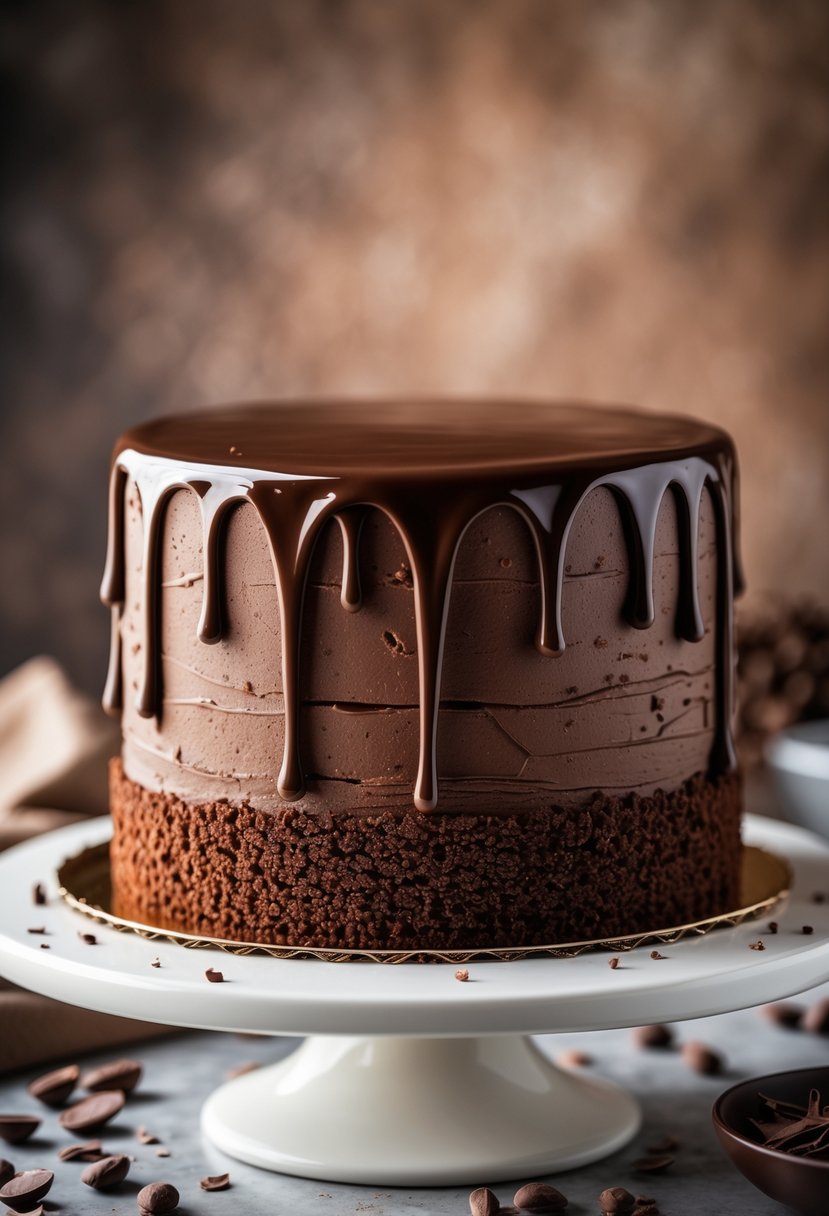 A chocolate cake with glossy ganache dripping down the sides on a white cake stand.