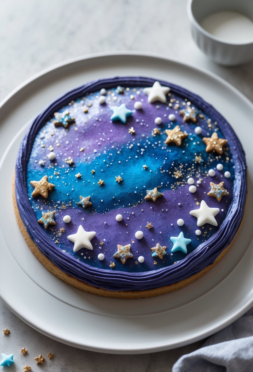 A round cookie cake decorated with blue and purple icing and edible glitter to resemble a starry galaxy, placed on a white plate against a plain background.