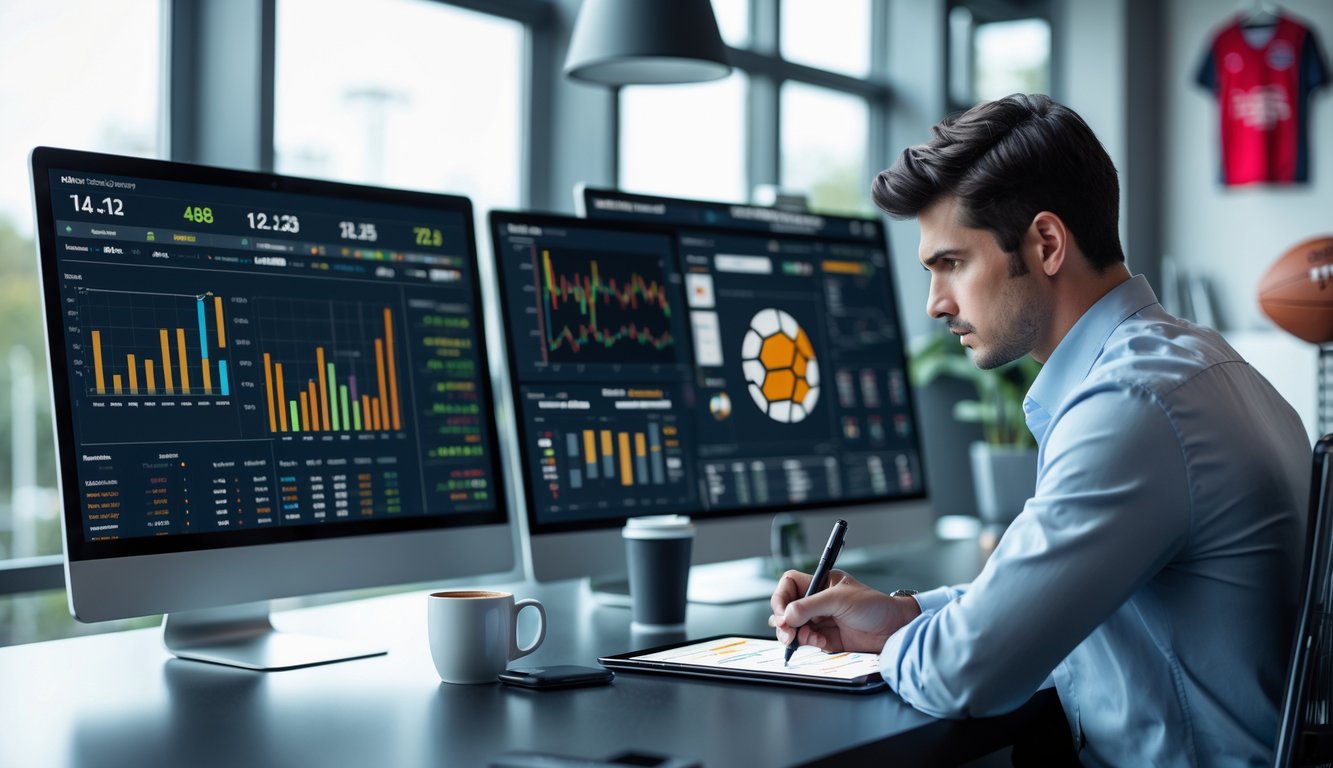 Seorang analis olahraga sedang memeriksa data dan grafik taruhan olahraga di layar komputer dalam ruangan kantor modern.