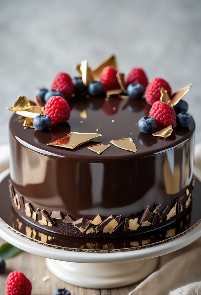 A chocolate cake with a shiny mirror glaze finish decorated with chocolate shards, gold leaf, and fresh berries on a cake stand.