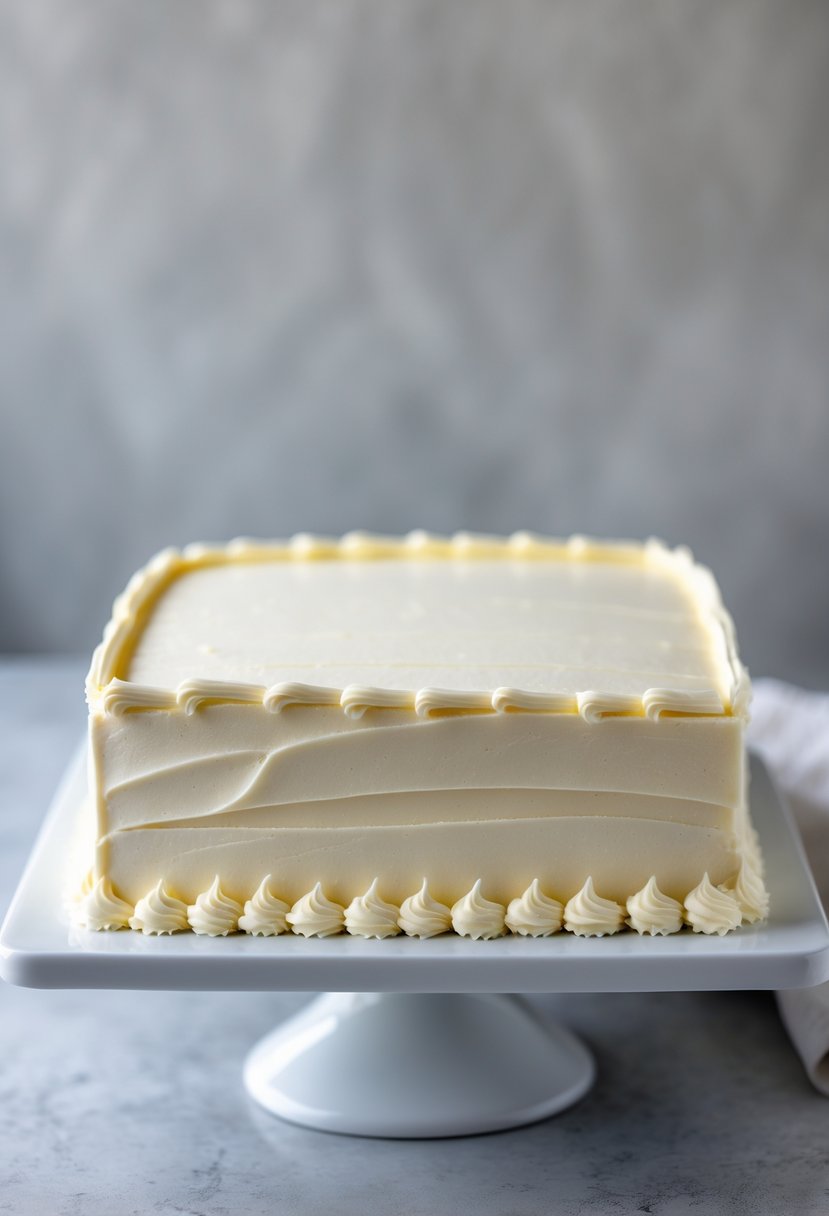 A square cake with smooth buttercream frosting and sharp, clean edges on a white cake stand.