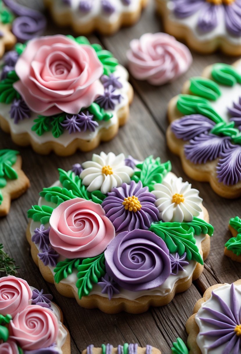 Close-up of several cookie cakes decorated with colorful floral patterns made from royal icing, arranged on a wooden surface.