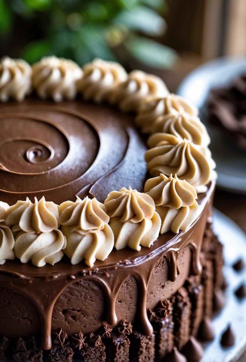 Close-up of a chocolate cake decorated with textured buttercream swirls.