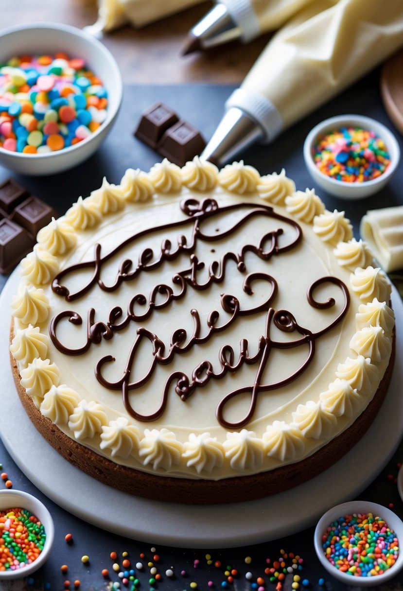 A decorated round cookie cake with chocolate script on top, surrounded by decorating tools and colorful sprinkles.