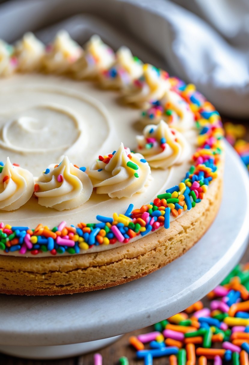 A round cookie cake with creamy frosting and a colorful rainbow sprinkles border on the edges.