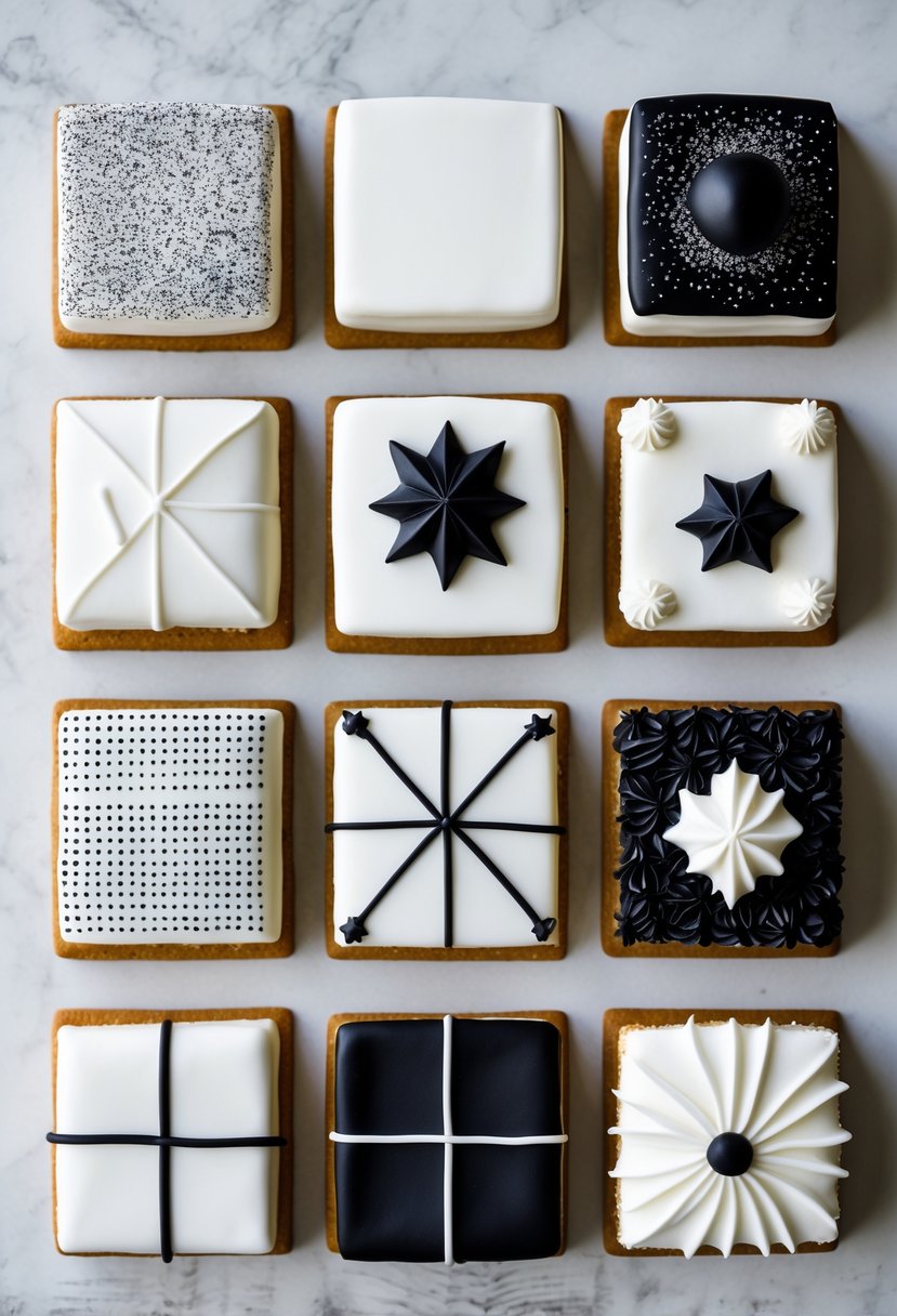 Sixteen square cakes with different monochrome decorations arranged neatly on a clean surface.