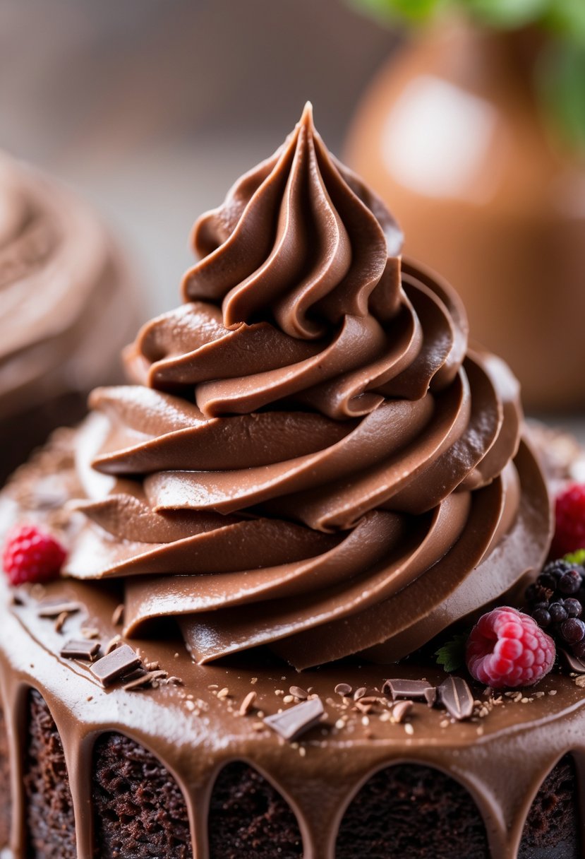 Close-up of a chocolate cake topped with smooth, swirled chocolate mousse and garnished with chocolate shavings and raspberries.