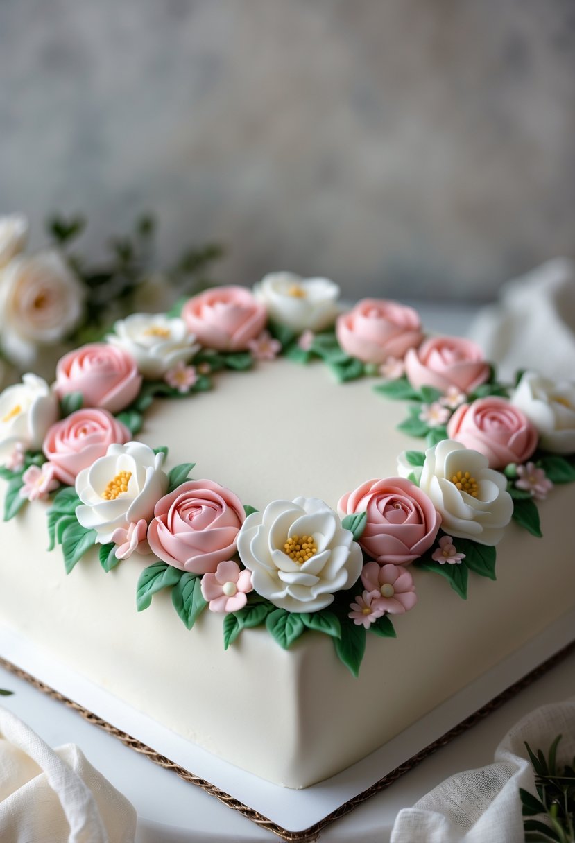 Square cake with clusters of colorful fondant flowers arranged at each corner on a smooth white surface.