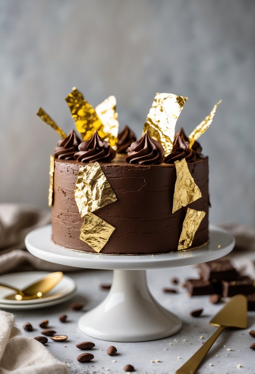 A chocolate cake decorated with edible gold leaf accents on a white cake stand.