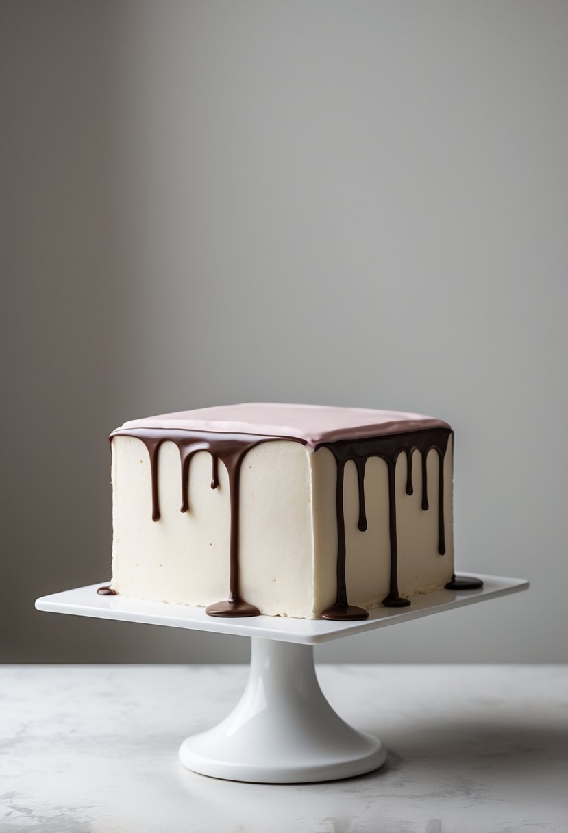 A square cake with smooth buttercream frosting and shiny drip decoration on a white stand.