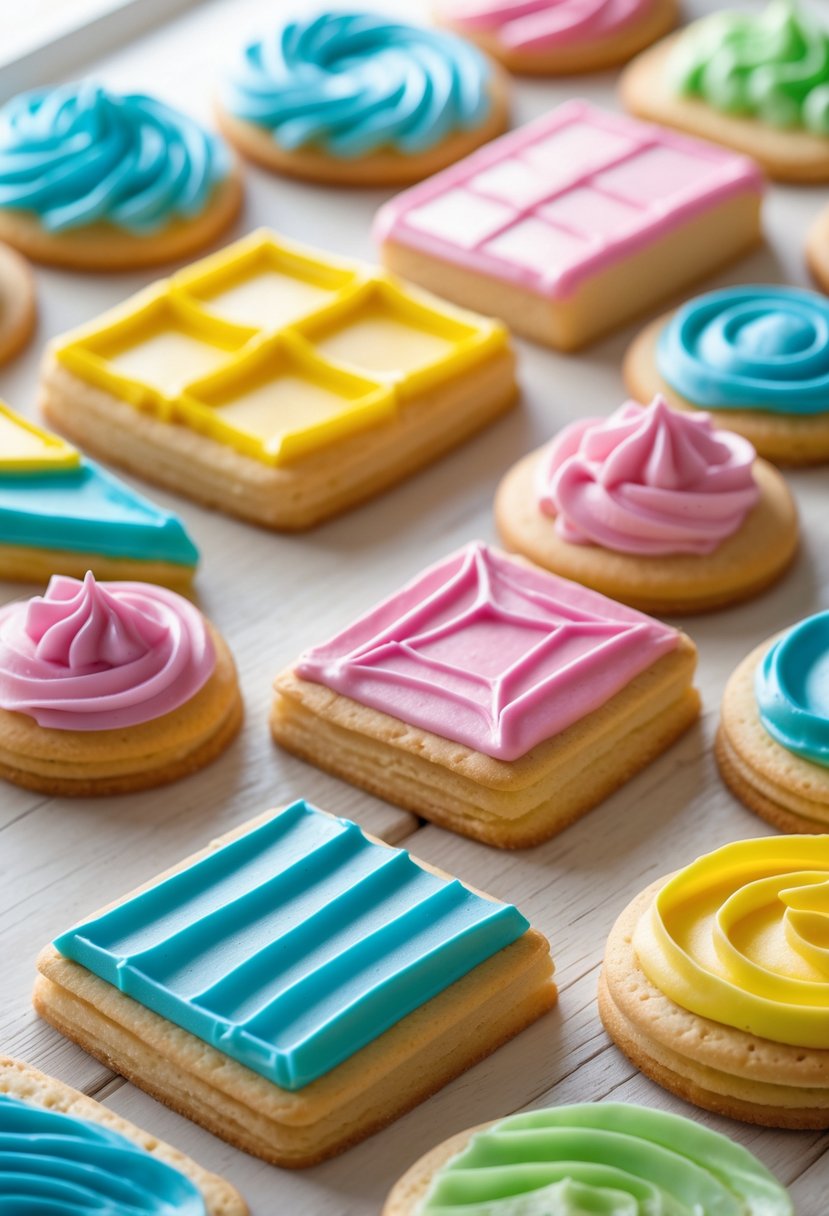 Close-up of cookie cakes decorated with colorful geometric frosting shapes arranged on a wooden surface.