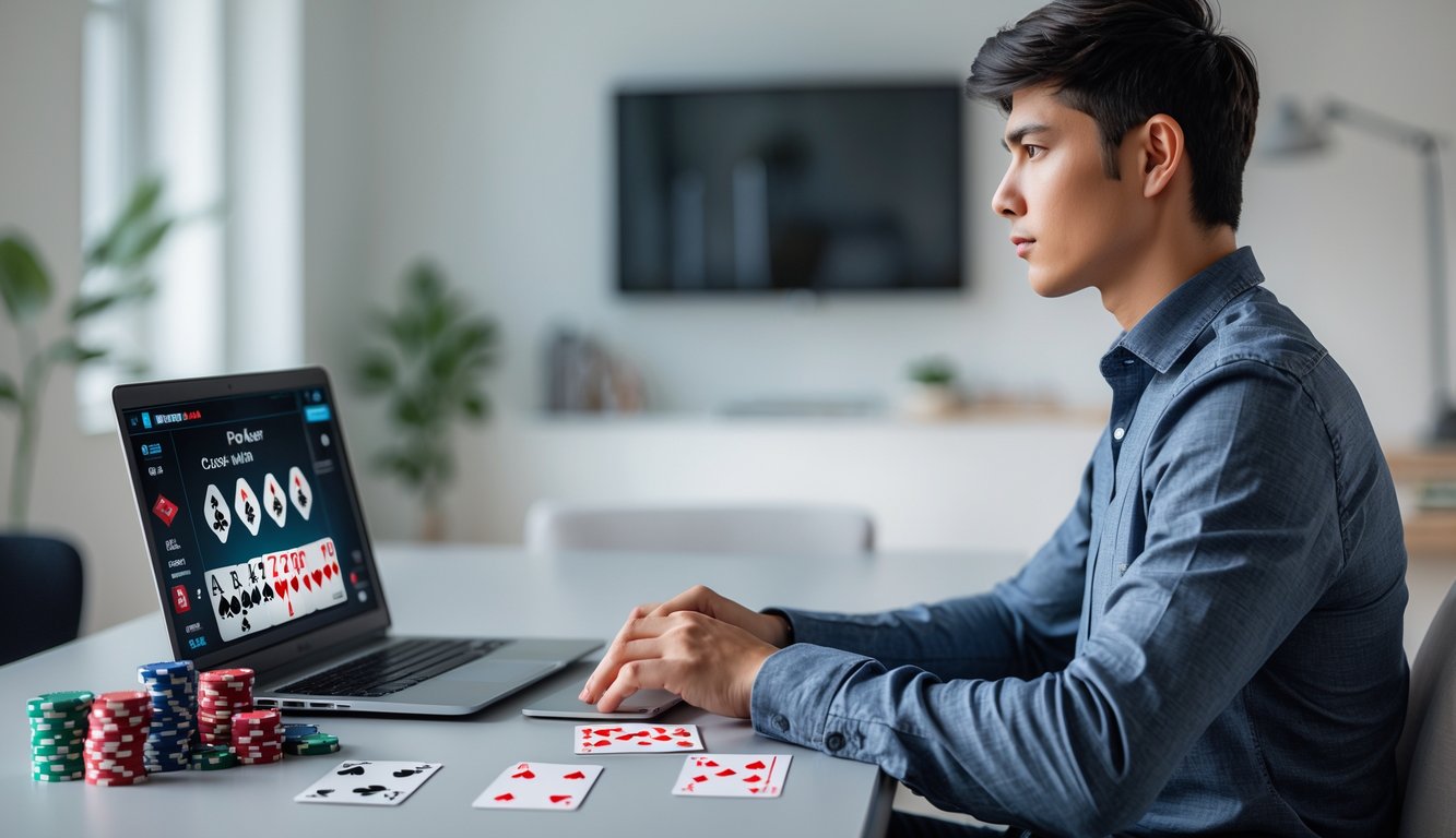 Seorang pemula sedang belajar poker online di depan laptop dengan chip dan kartu poker di meja.