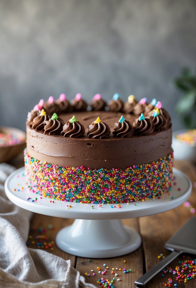 A chocolate cake decorated with colorful sprinkles around its sides, placed on a white cake stand on a wooden table.