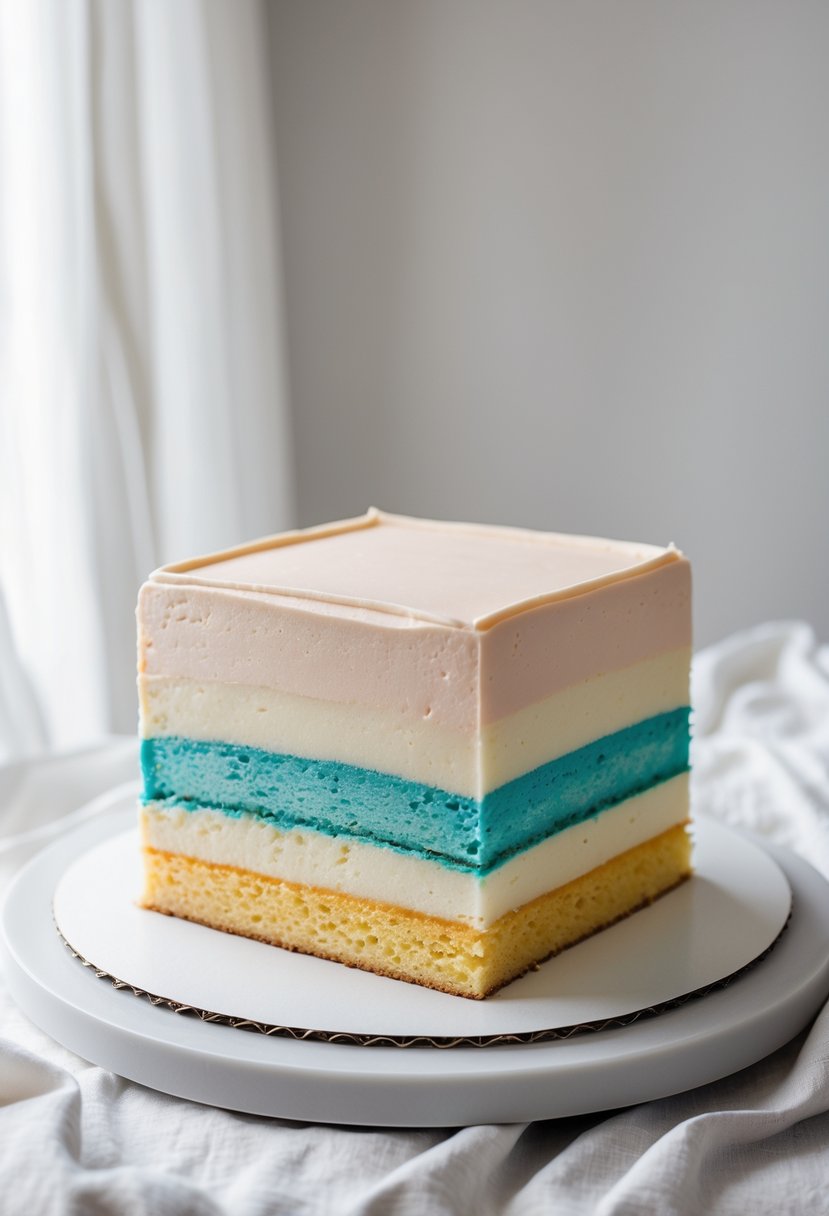 A 16 square layered cake with smooth ombre shades transitioning from light to dark colors, displayed on a plain surface.