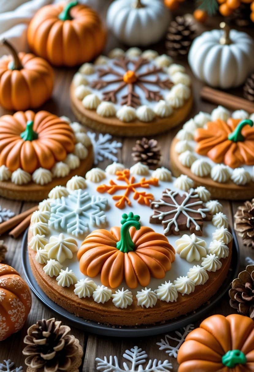 A table with several cookie cakes decorated with pumpkin and snowflake designs surrounded by seasonal decorations like pumpkins and pine cones.