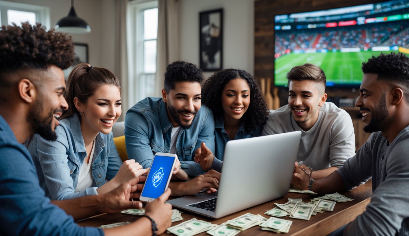 Sekelompok orang muda sedang menggunakan laptop dan ponsel untuk taruhan olahraga dengan suasana santai di ruang tamu.