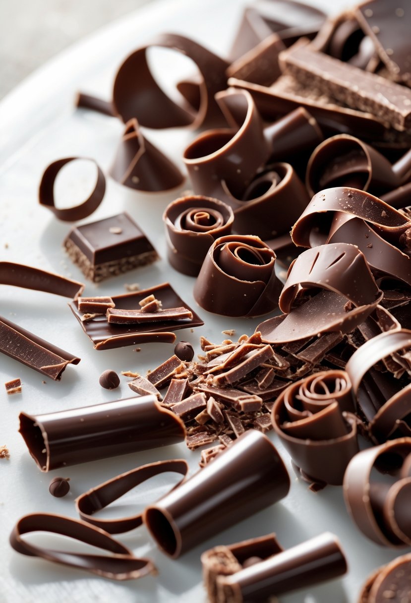 Close-up of assorted chocolate curls and shavings arranged on a white surface.
