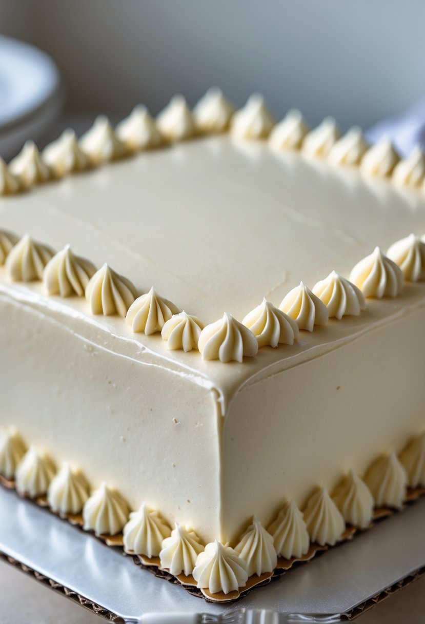 Close-up of a square cake with smooth pastel icing and precise royal icing borders.