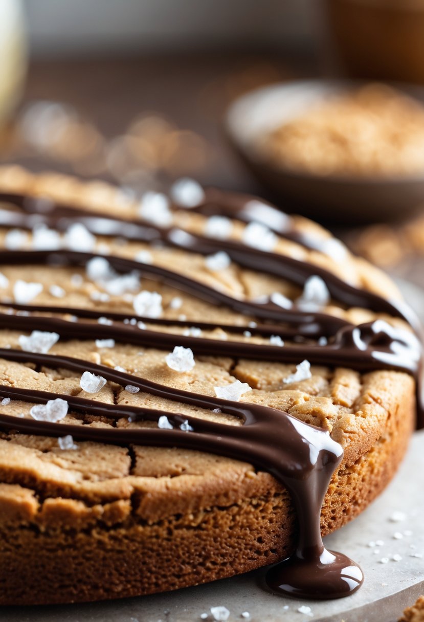 Close-up of a cookie cake topped with chocolate drizzle and sprinkled with sea salt.