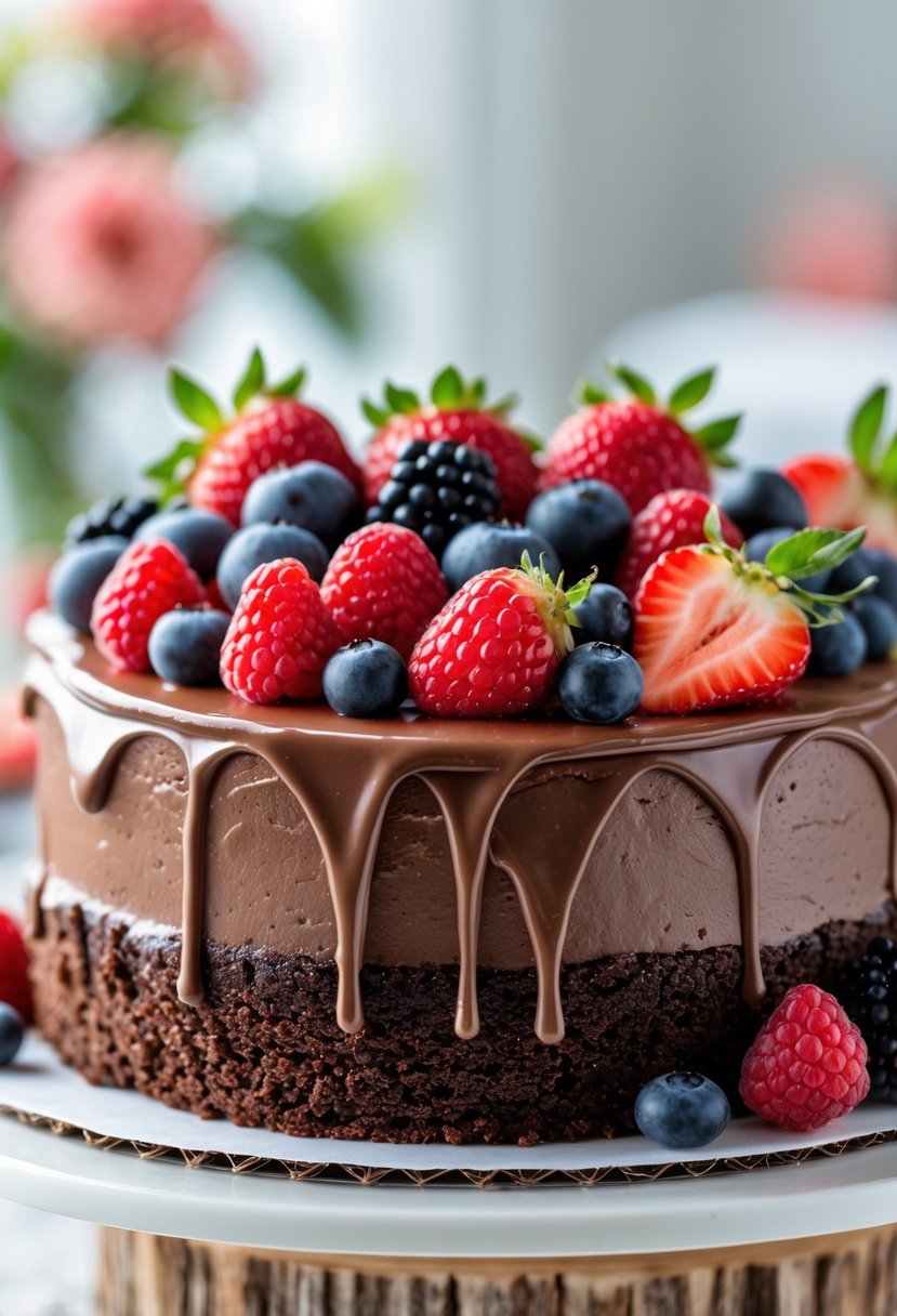 A chocolate cake decorated with fresh strawberries, raspberries, blueberries, and blackberries on top.