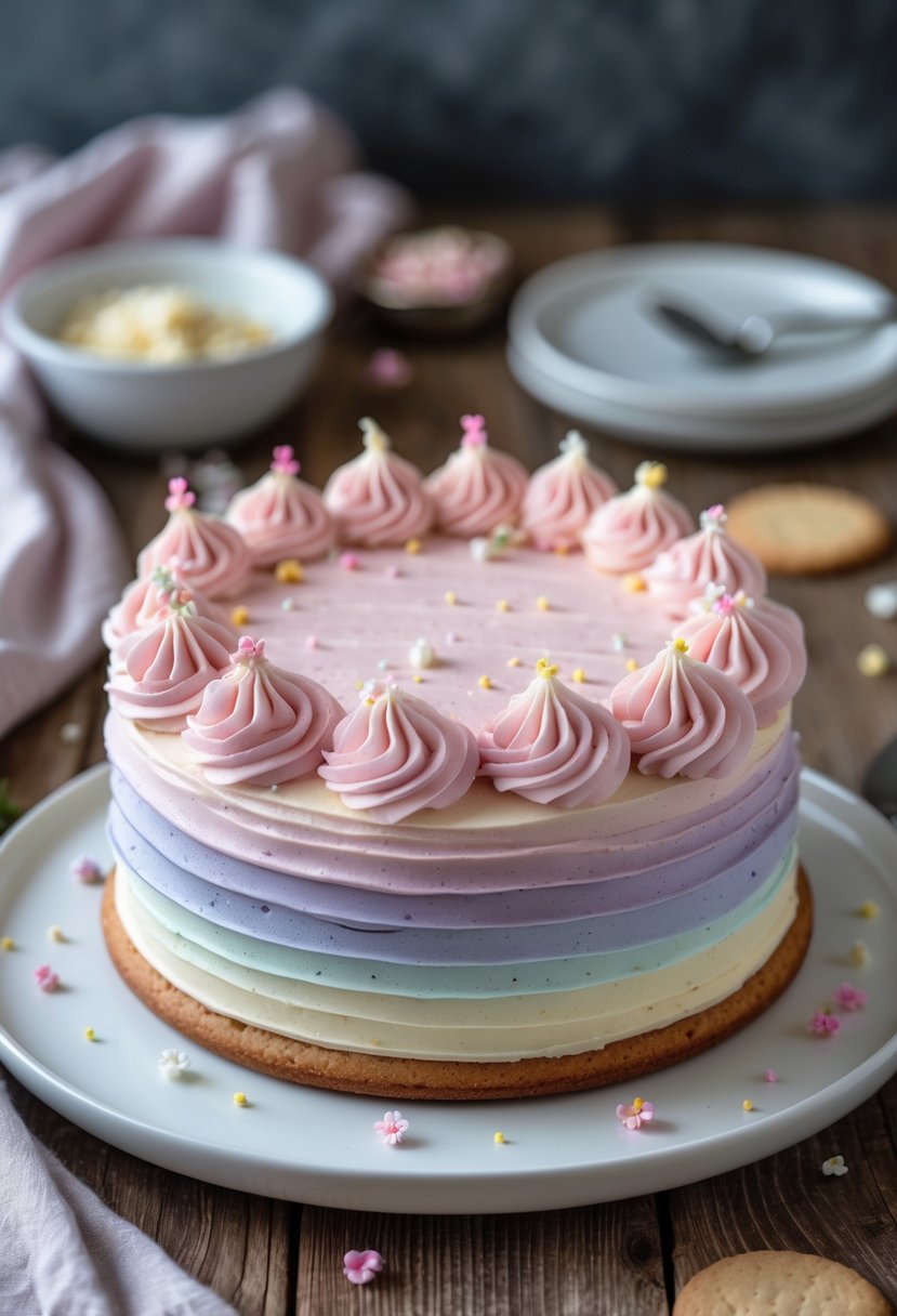 A round cookie cake with smooth ombre frosting in pastel colors on a white plate on a wooden table.
