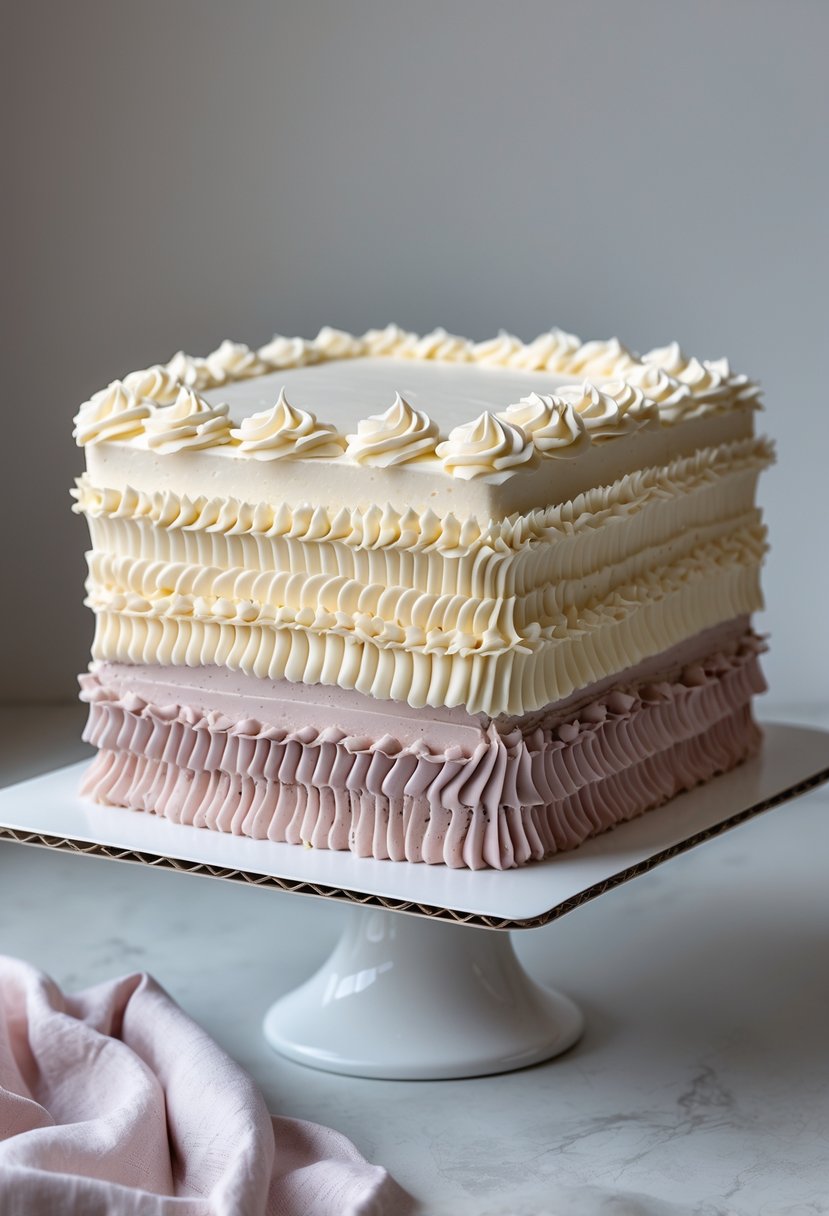 A square cake decorated with textured ruffles made using a palette knife, displayed on a white cake stand.