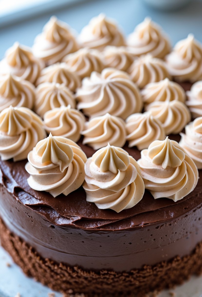 Close-up of a chocolate cake decorated with piped buttercream rosettes.
