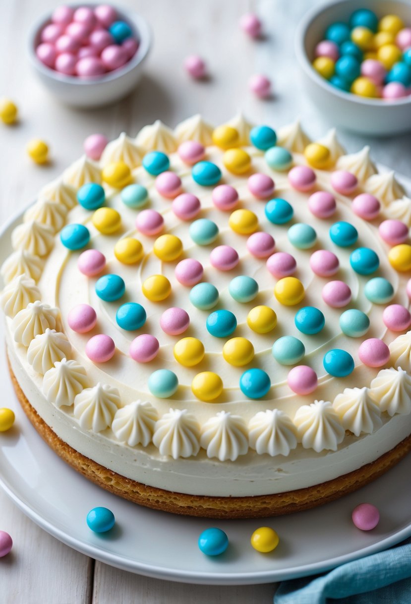 A round cookie cake decorated with colorful candy pearls arranged in a polka dot pattern on a white plate.