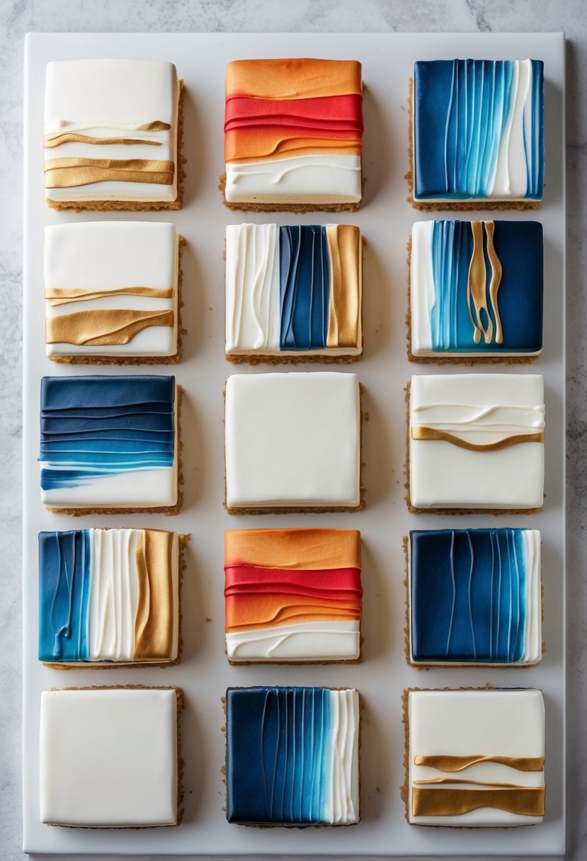 Sixteen square cakes with colorful, artistic brushstroke decorations arranged neatly on a white surface.