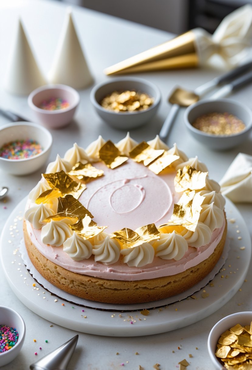 A round cookie cake decorated with pastel frosting and edible gold leaf highlights on a kitchen countertop with decorating tools nearby.