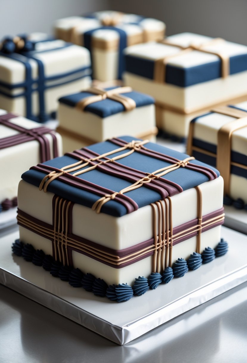 A collection of square cakes decorated with various fondant plaid patterns arranged on a white surface.