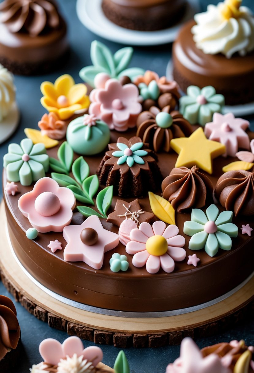An assortment of decorative fondant shapes arranged on a wooden board next to chocolate cakes.