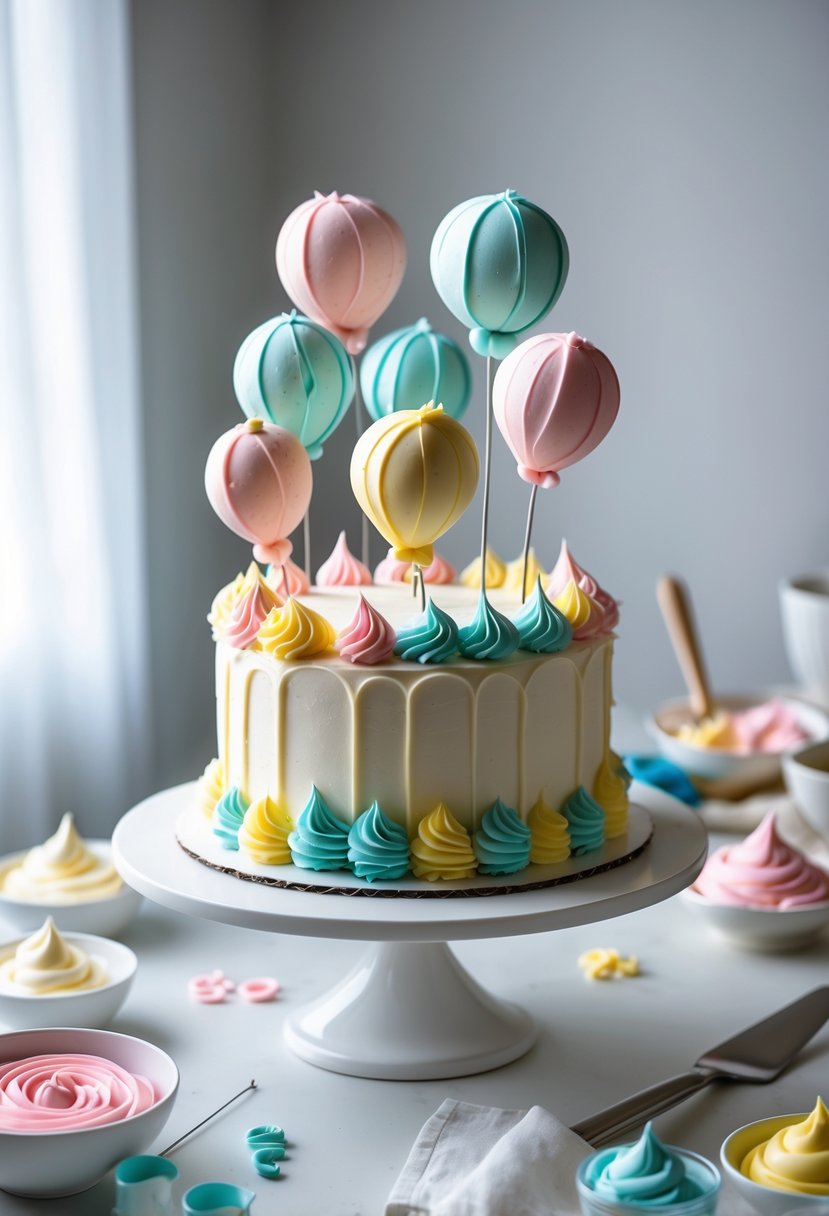 A birthday cake decorated with colorful balloon shapes made of buttercream frosting on a white surface with cake decorating tools nearby.
